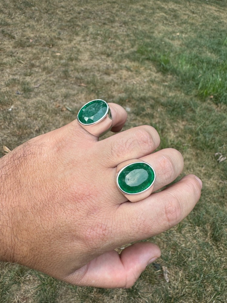 Large 18ct Genuine Emerald Gemstone Mens Real Solid 925 Silver Oval Signet Ring