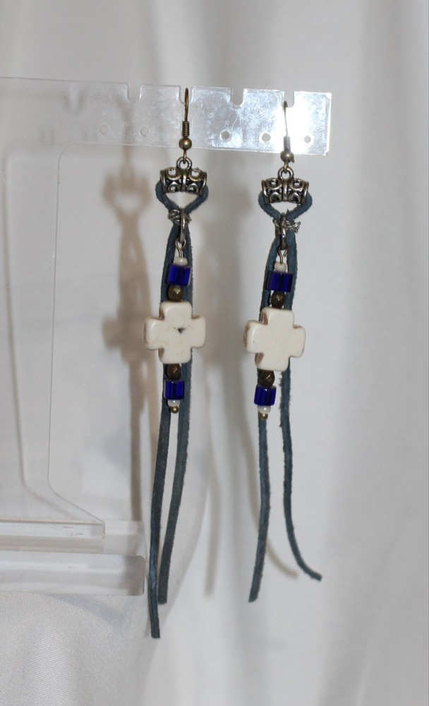 Nwt Handmade Leather Beaded Dangle Earrings