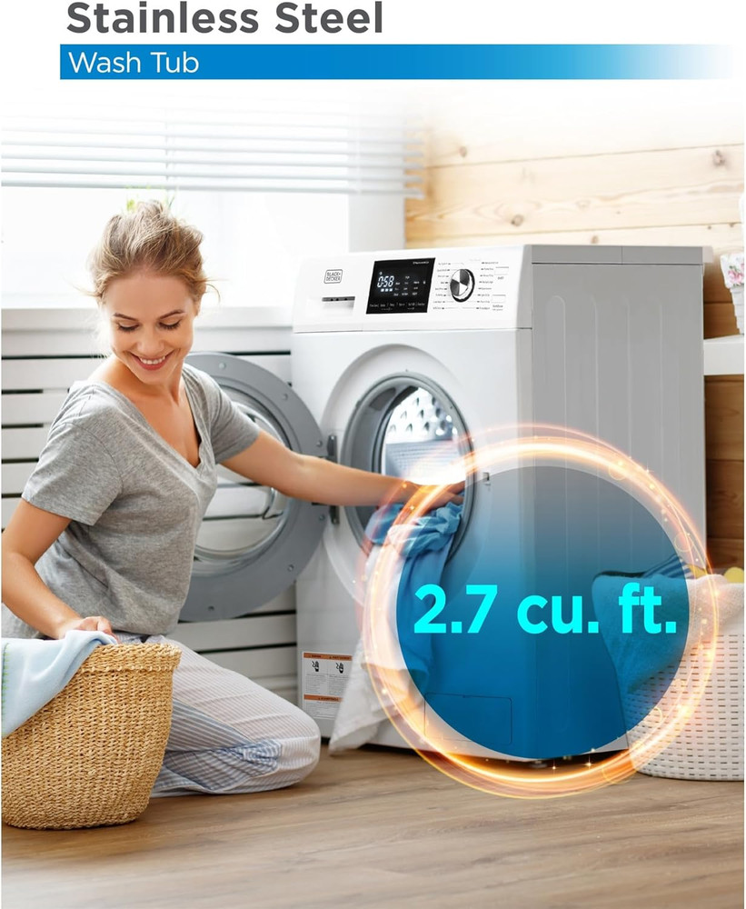 BLACK+DECKER Front Load Washer, 2.7 Cu. Ft. Compact Washing Machine with LED Dis