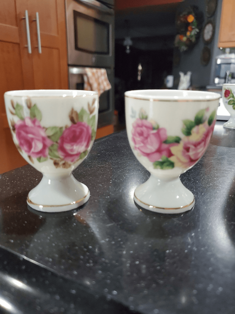 vintage Japan china egg cups w/ pink rose pattern