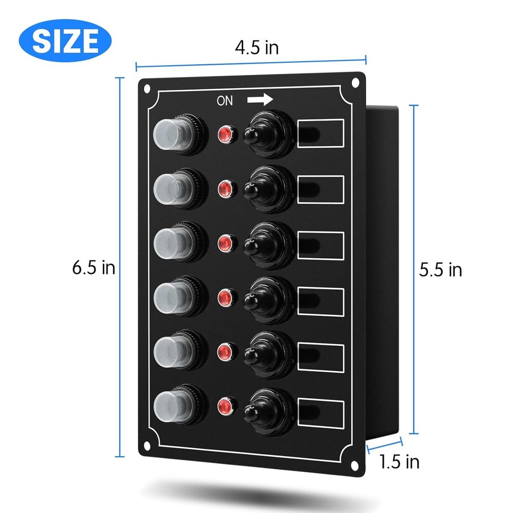 Marine Switch Panel, 6 Gang Boat Electrical Panel with Breaker, IP67 Waterpro...
