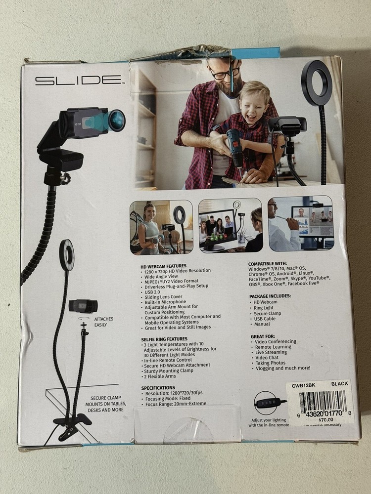 SLIDE CWB12BK USB 2.0 HD Webcam with Ring Light -Tested