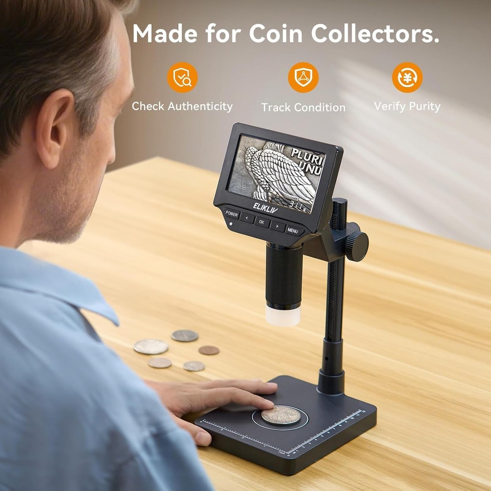 Coin Microscope with Scale：4.3" Digital Microscope, LED with Screen & Scale