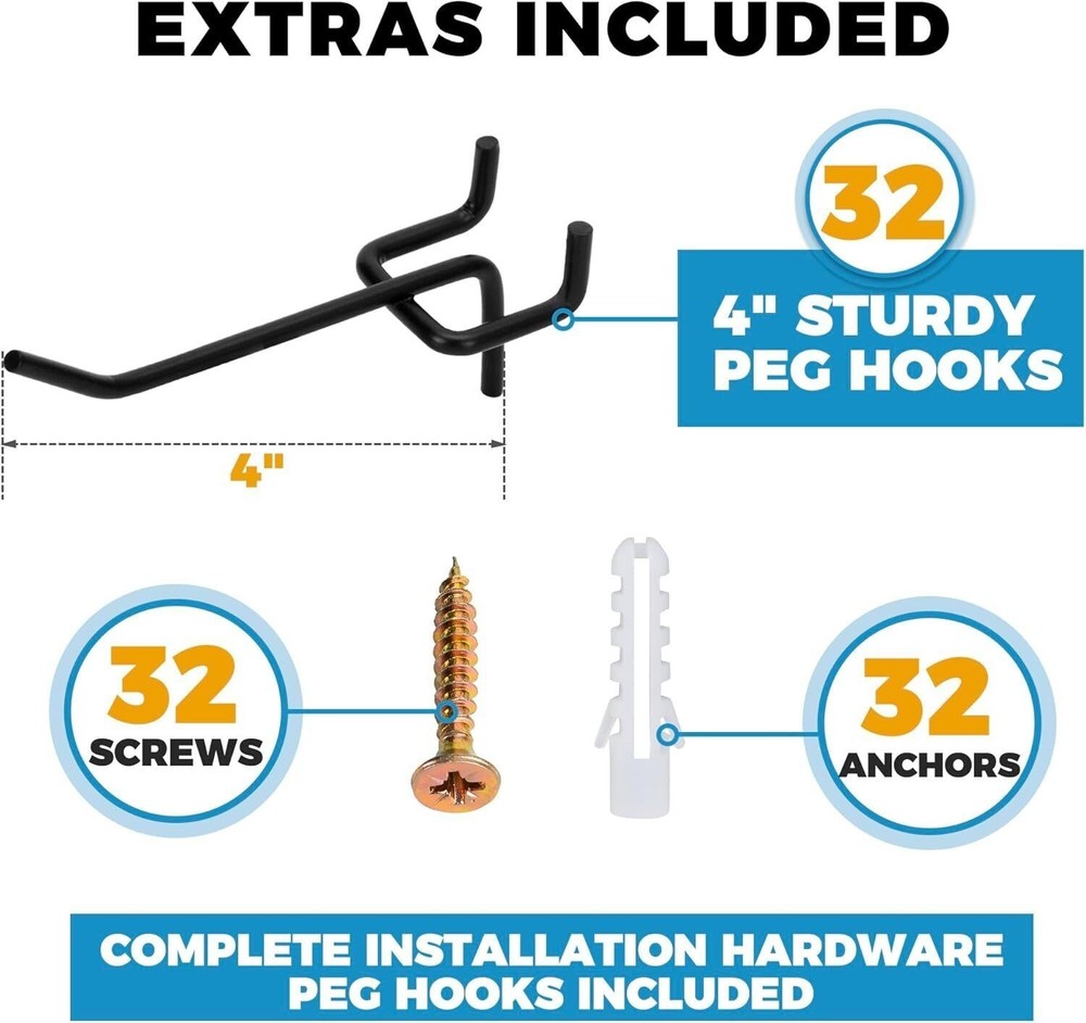 Heavy Duty 4-Panel Pegboard Wall Organizer With 32 Peg Hooks Panels Garage Tool