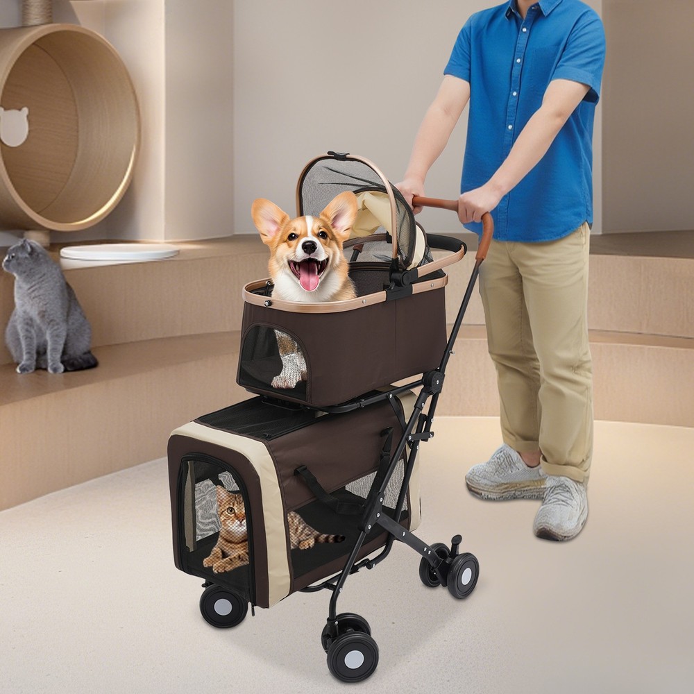 2-Tiers Foldable Cat Stroller Pet Stroller Small & Medium Dogs Stroller 77lbs