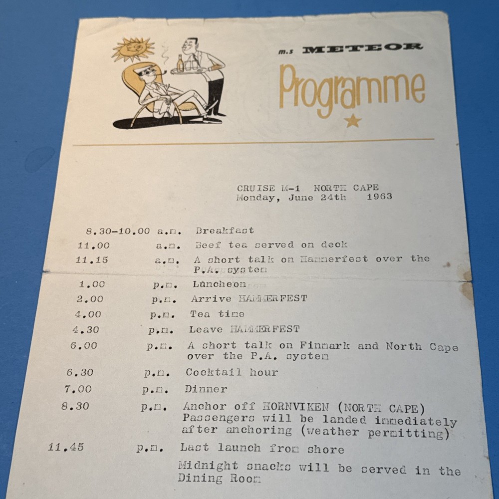 1963 M.S. Meteor Menu & Day's Program Bergen Lines, North Cape