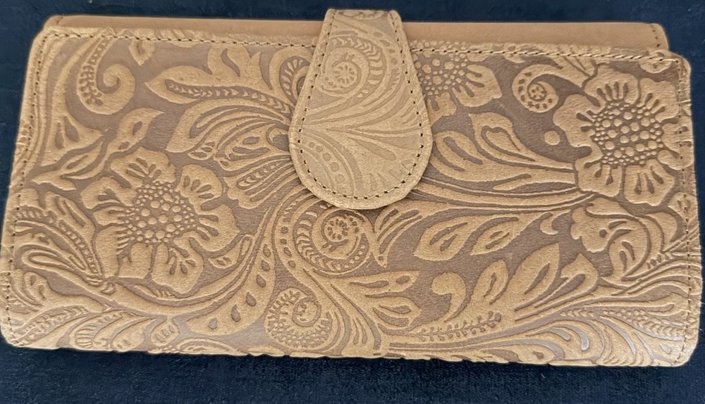 Brown Floral Embossed Leather Wallet with RFID Blocking