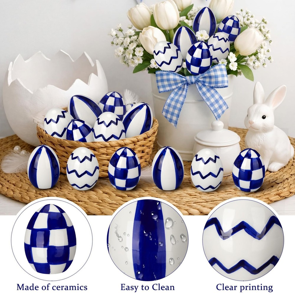 6 Pcs Ceramic Easter Eggs Blue and White Checkered Porcelain Eggs Spring Bask...