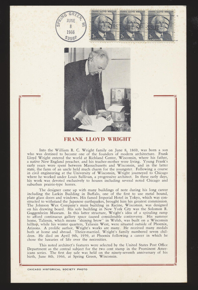 #1280 Frank Lloyd Wright Architect Hammond-Maxi Card First Day Issue Card