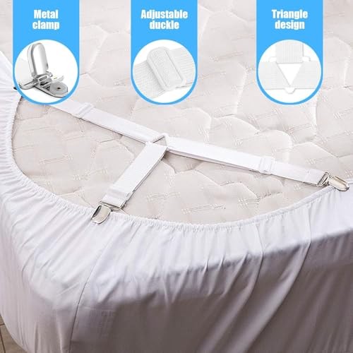 Bed Sheet Holder Straps, Adjustable Bed Sheet Straps Holders, Fitted 8 White