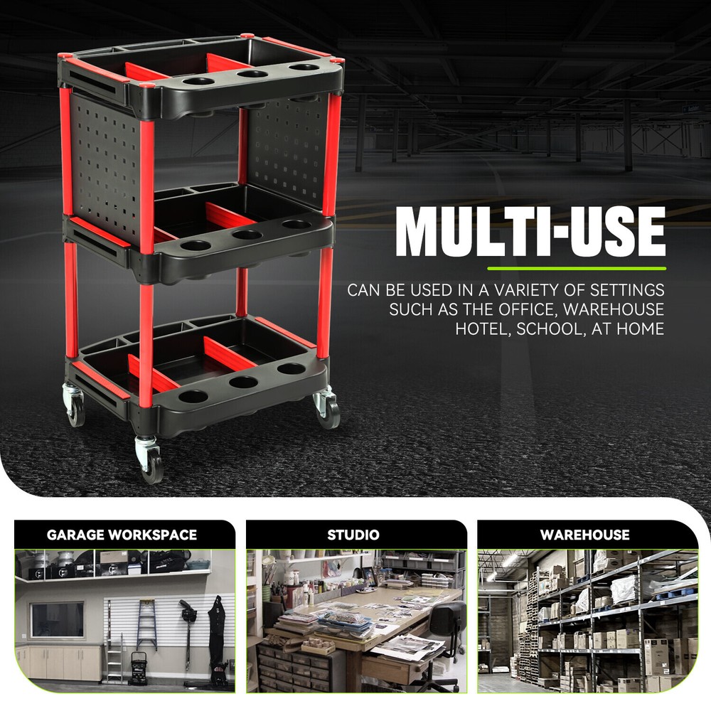 3-Level 260 LBS w/ Hanging Board Mobile Casters Composite Workshop Tool Trolley