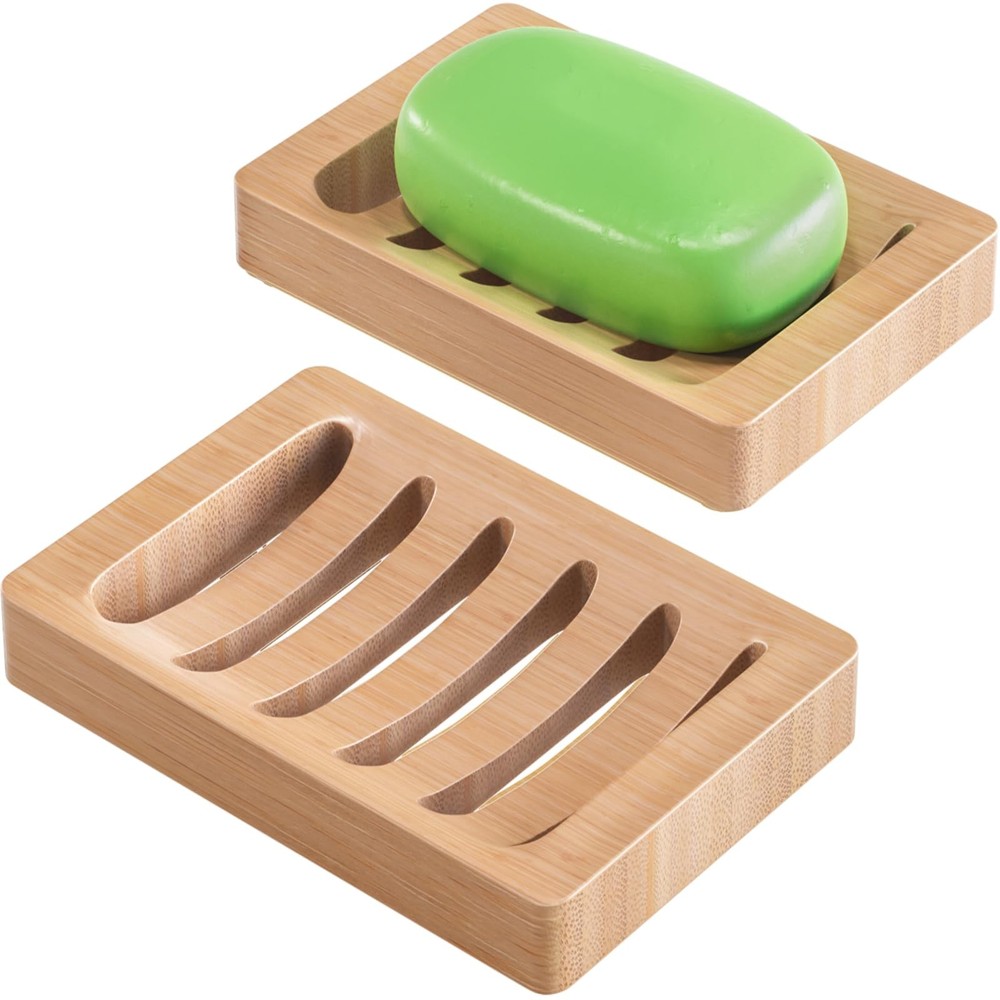 AmazerBath Soap Holder Dish, Bamboo 2 Pack Wood Bar Natural