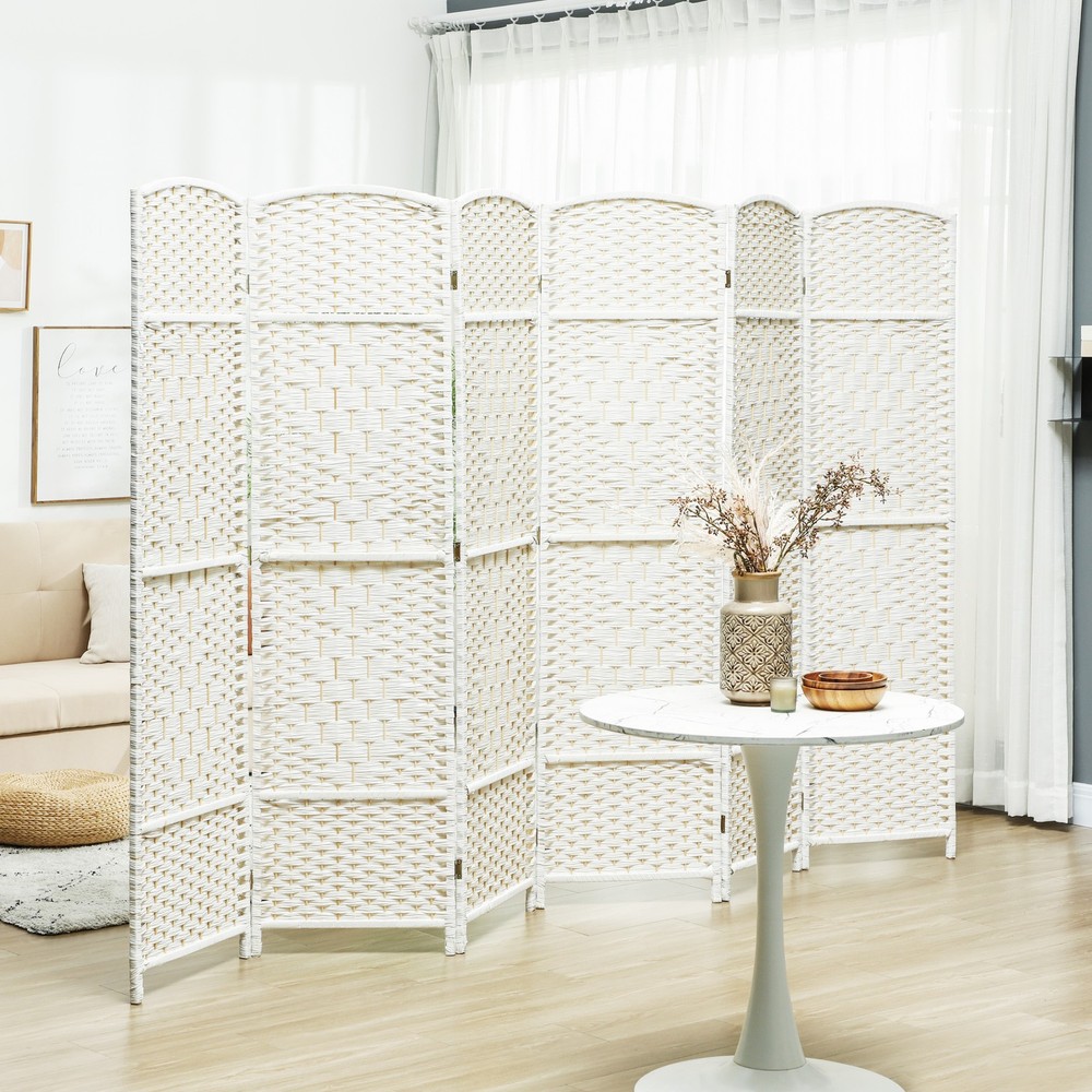 6 Panel Room Divider Hand-Woven Freestanding Partition, White