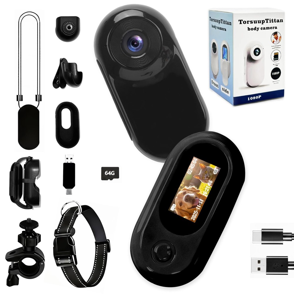 Mini Body Camera 1080P with 64GB Card, Audio & Video Recording, Black