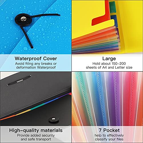 4 Pack 7-Pocket Expanding File, Plastic Expandable File Folder 4Pack-7Pocket