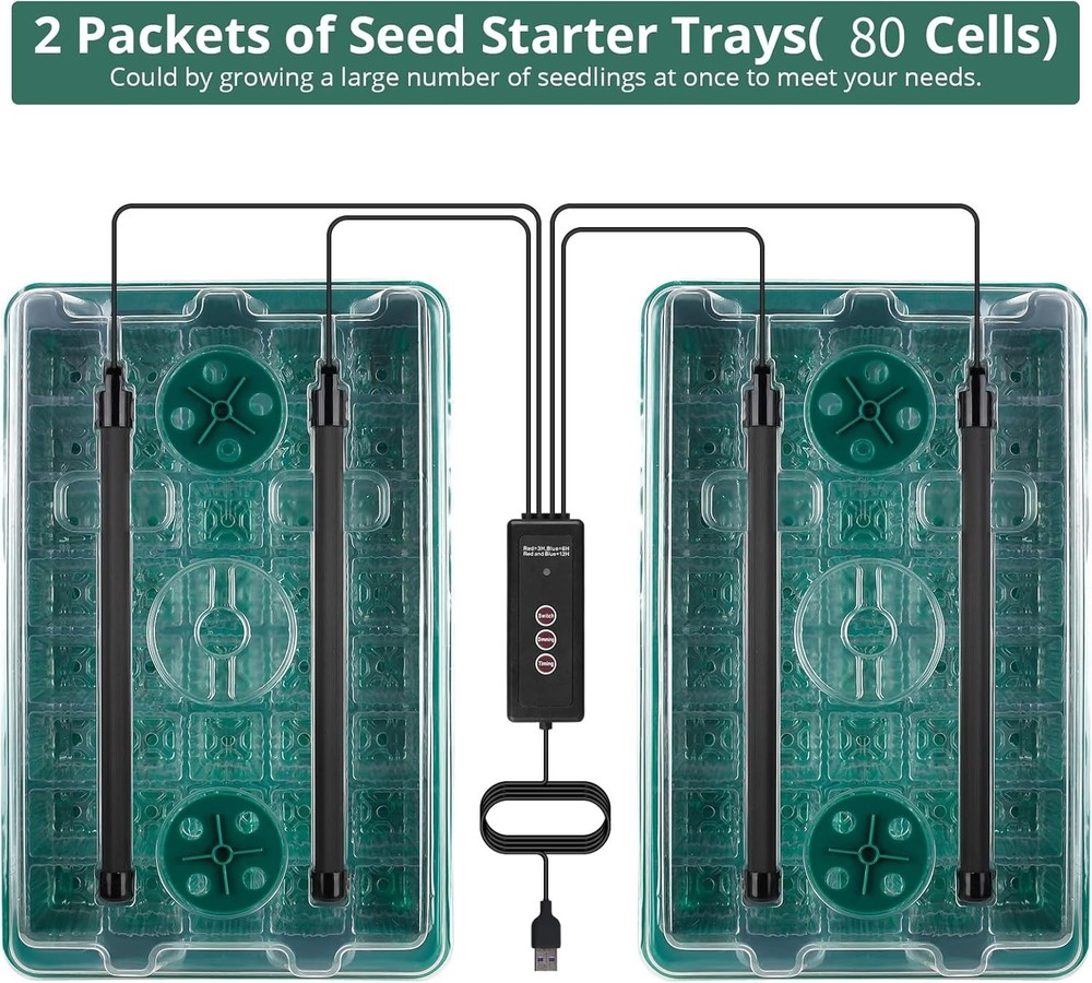 80-Cell Seed Starter Tray with Adjustable Grow Light & Humidity Dome - 2 Pack