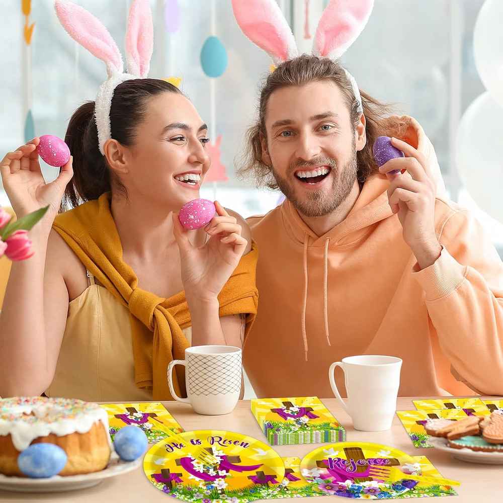 96 Pcs Easter Tableware Set He Is Risen Plates Happy Easter Party Plates East...