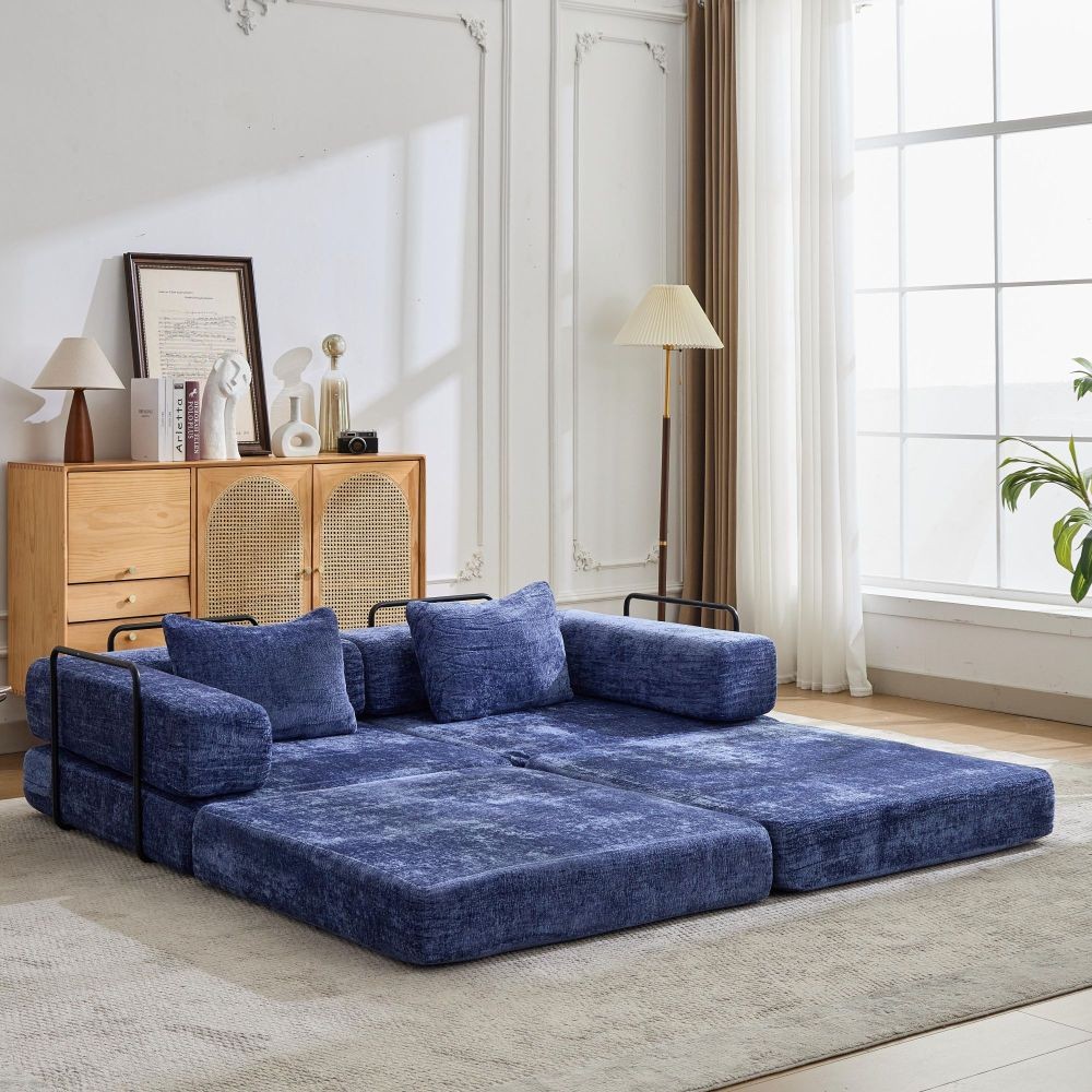 Foldable Sofa Bed with Memory Foam - Dark Blue Chenille Fabric