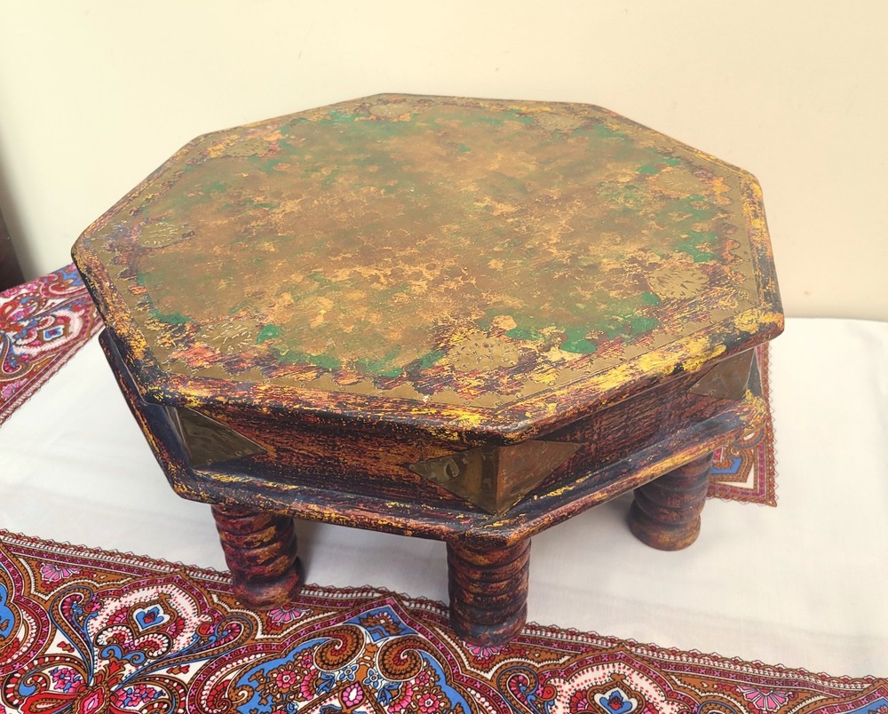 Old Style Anglo-Indian Low Bajot Table Octagonal Painted Boho Prayer Table