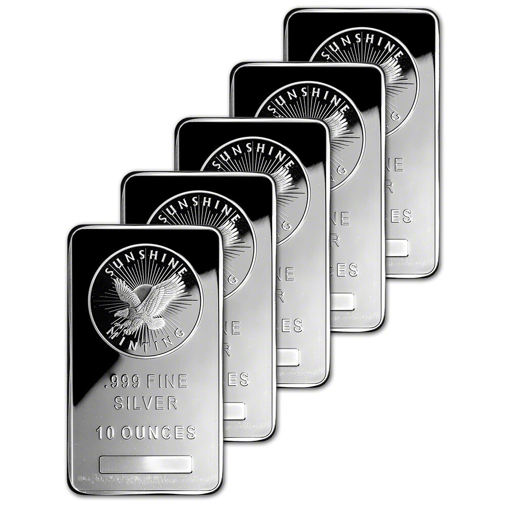 FIVE (5) 10 oz. Silver Bars - Sunshine Minting - .999 Fine