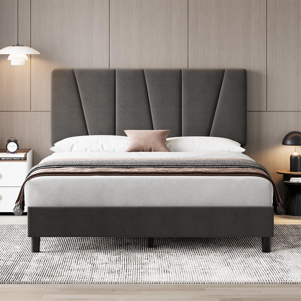 Full Size Bed Frame with Adjustable Headboard Linen Upholstered Platform Bedfram