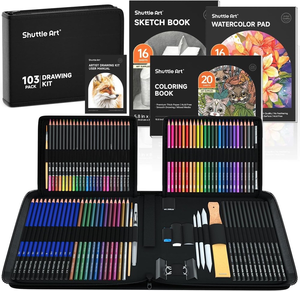 Drawing Set 103 Pack - Graphite, Colouring, Watercolour Pencils | Portable Case