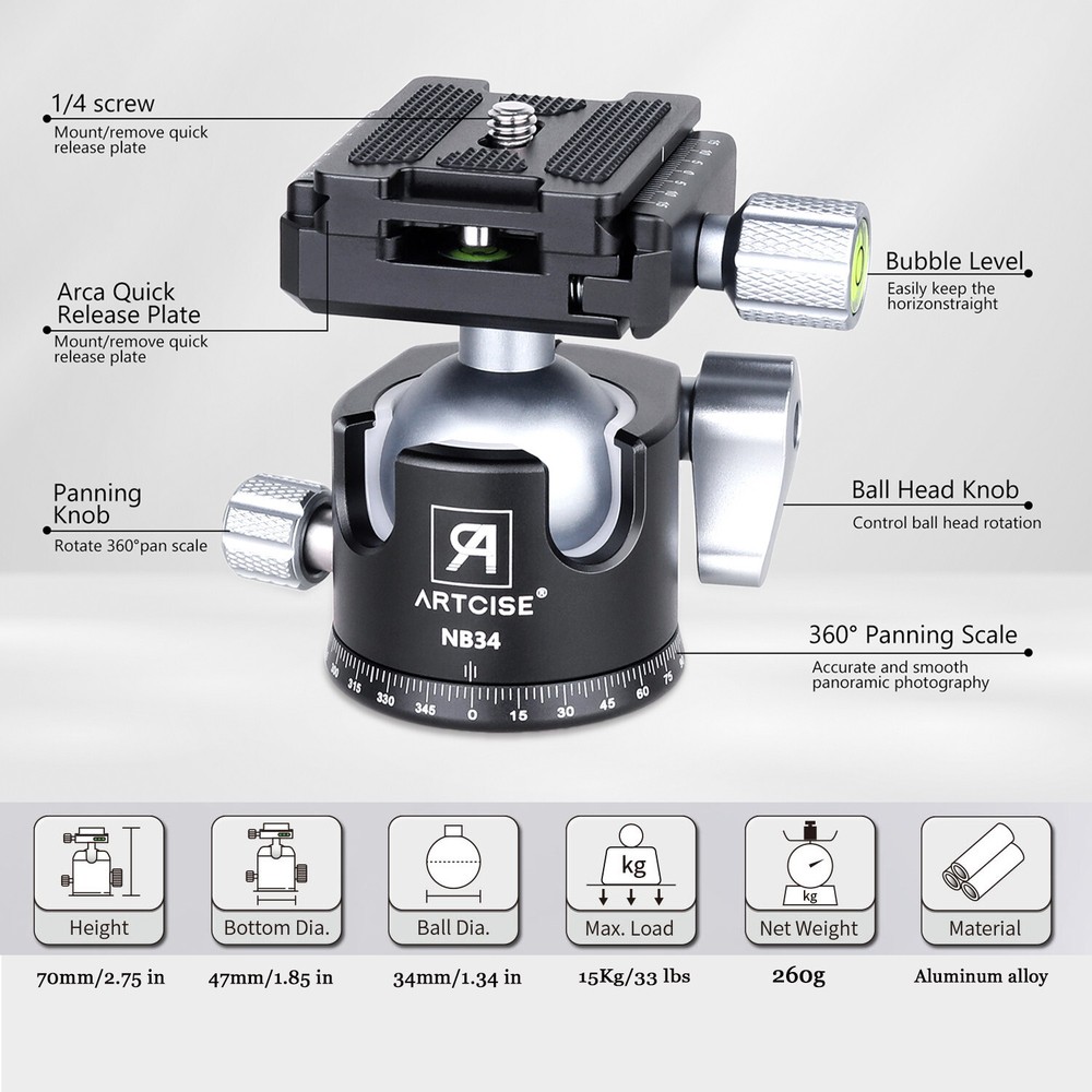 ARTCISE Rotating Panoramic Ball Head Low Profile Tripod Head W/QRP For Camera