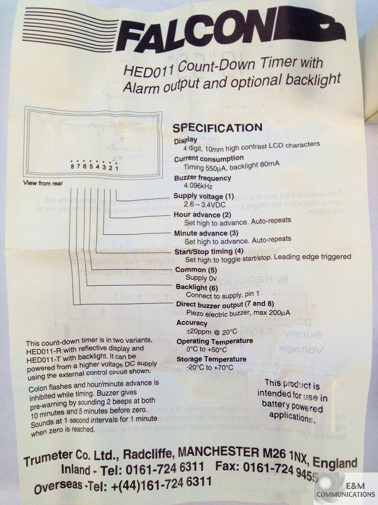 HED011T TRUMETER FALCON COUNT DOWN TIMER ALARM OUTPUT OPTIONAL BACKLIGHT