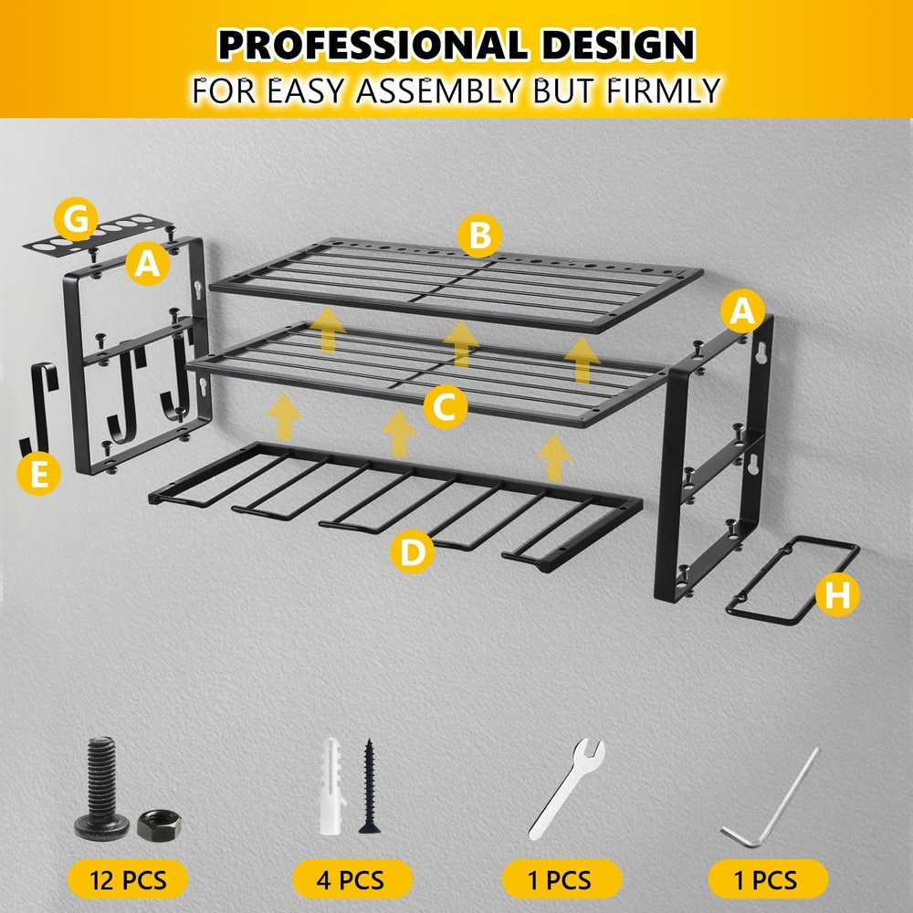 Wall Mount Tool Organizer: 3-Tier Rack with Drill Holders for Garage/Workshop