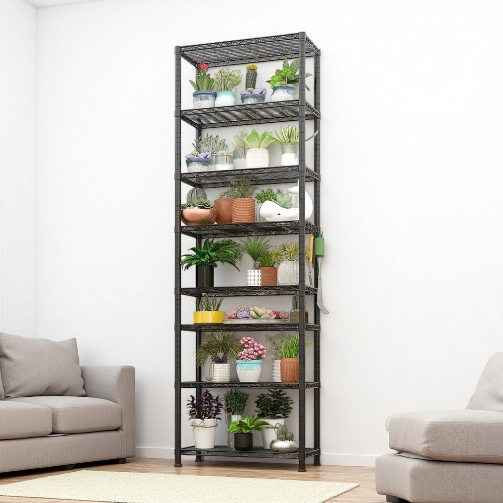 8-Tier Wire Shelving Unit - Heavy Duty, Adjustable, Hooks, Modular & Black