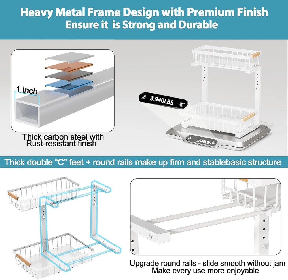 Under Sink Organizer 2 Pack 2 Tier Slide Out Large Capacity Height Adjustable