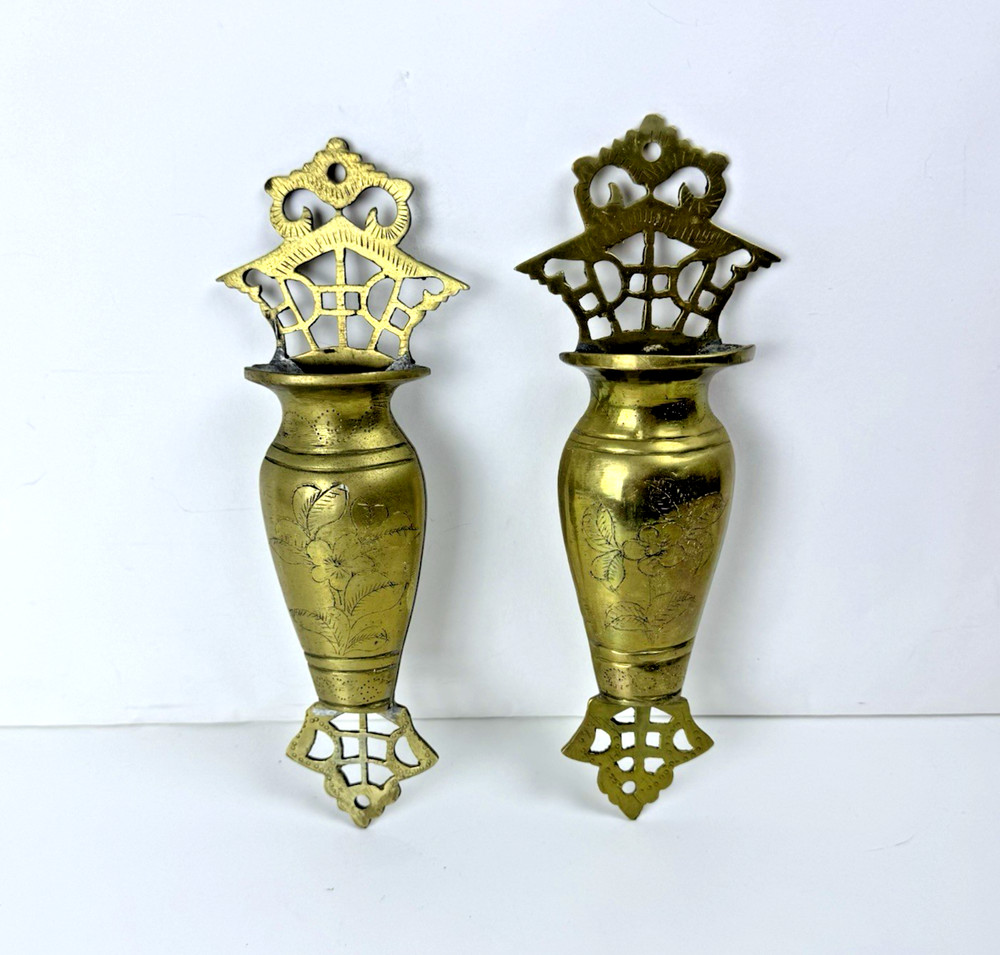 Solid Brass Vintage Flat Back Vase Wall Hanger Etched Floral Pattern 8.5" 2PC