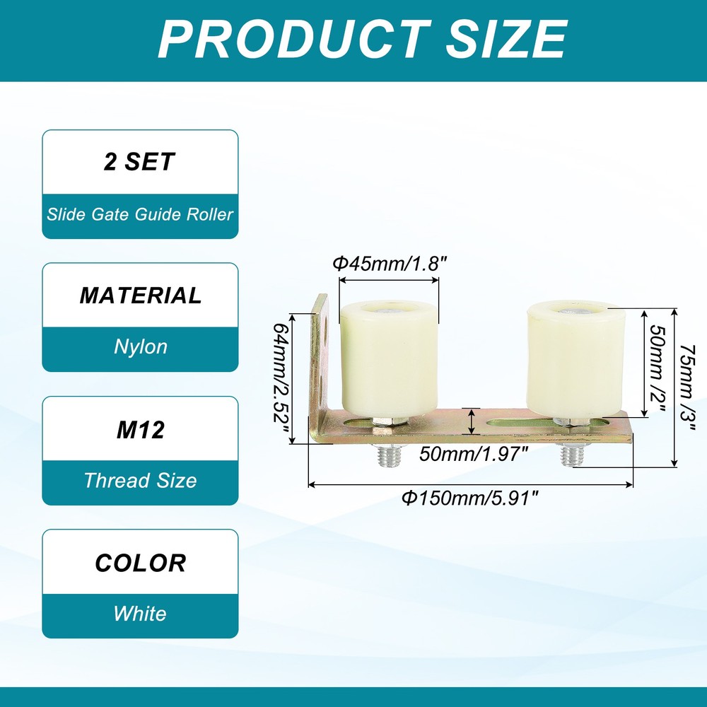 2Set Slide Gate Guide Roller 2" Adjustable Nylon Rollers with Bracket, White