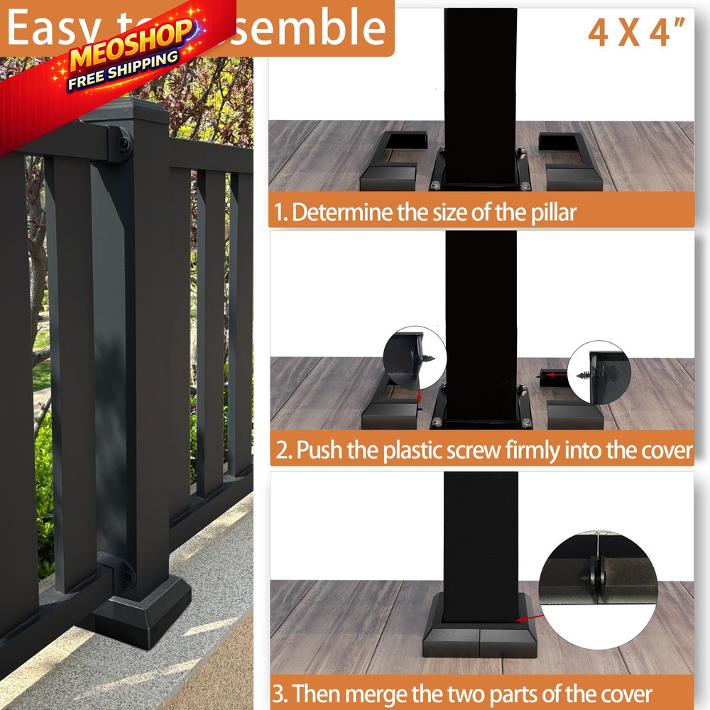 2 Pack 4X4IN Aluminum Split Deck Post Base Cover, 4"x4", Black