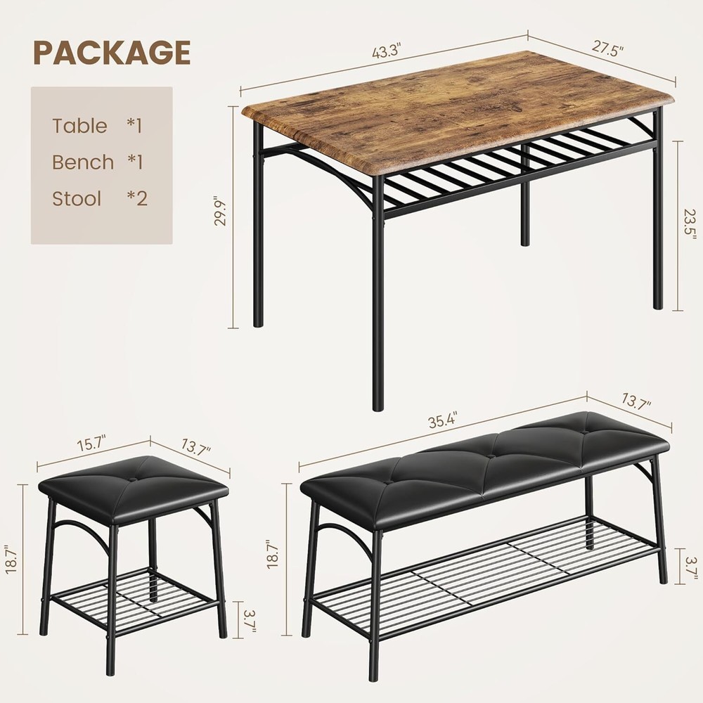 Dining Table Set for 4 Wooden Kitchen Table Set Storage with Bench, Stools Home