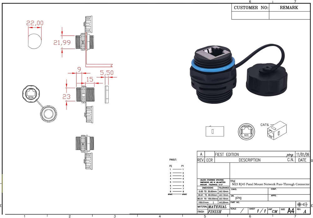 Waterproof CAT6 RJ45 Panel Mount Coupler, IP68 Shielded Industrial Panel Mount B