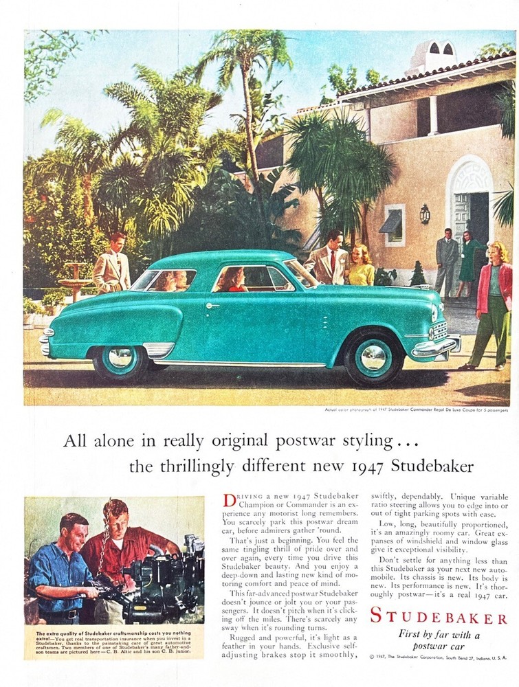 1947 STUDEBAKER Original Vintage Print Ad Automobile Post WW2 Car Commander