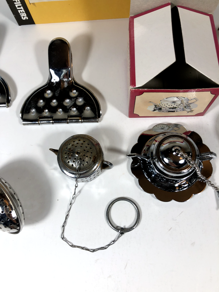 7+ Pc Tea Infuser Collection- Spring, Lemon Press, Egg, Vtg Occupied Japan Pot