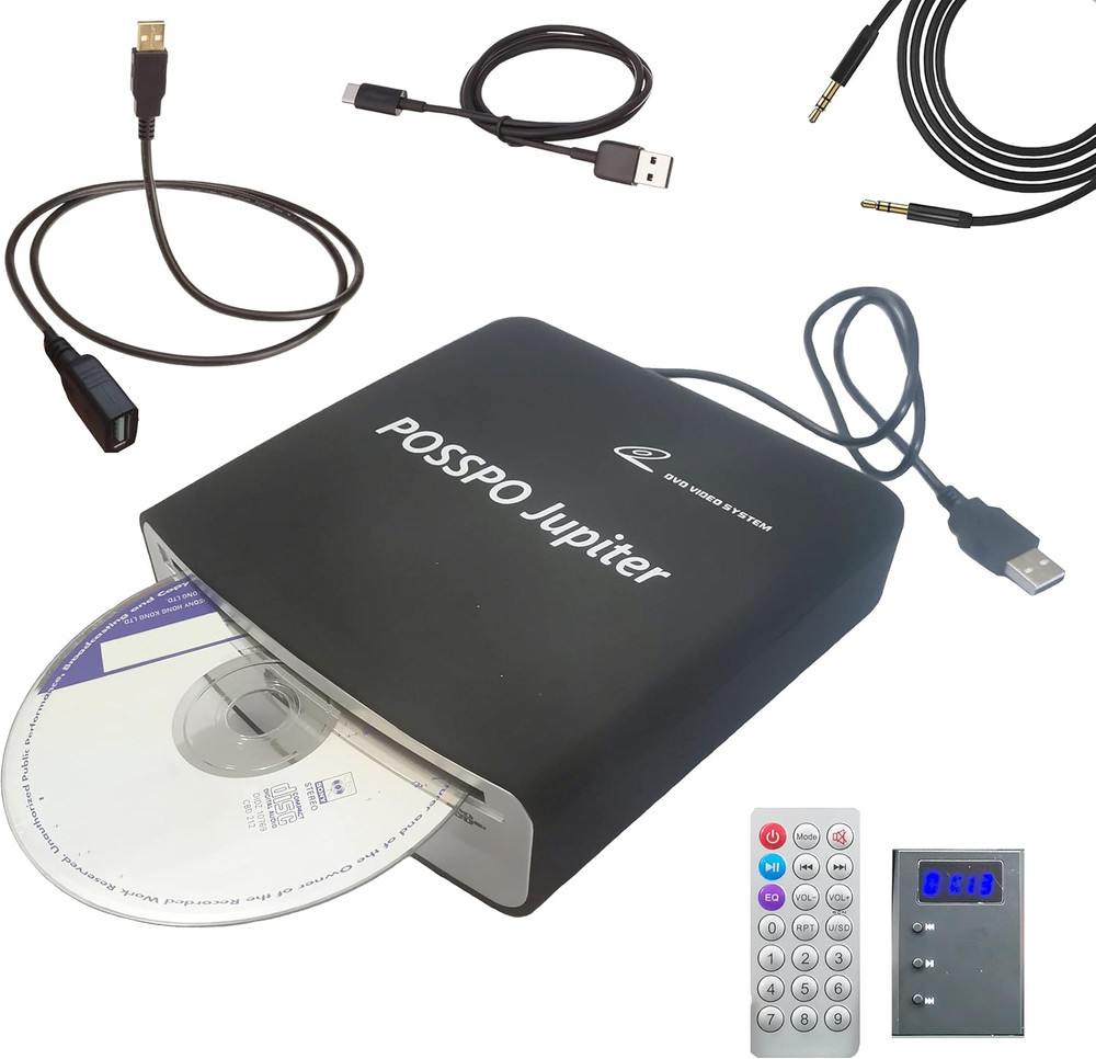 Jupiter USB CD Player for Car Auto, Portable External CD DVD Player, USB Plug &
