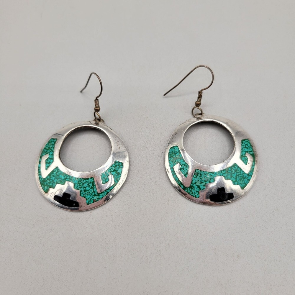 Turquoise Onyx Sterling Silver Dangle Drop Earrings Alpaca Mexico
