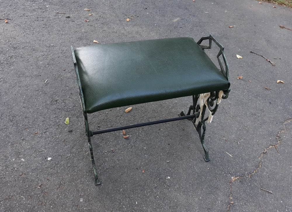 Art Deco Cast Iron And Leather Bench Stool