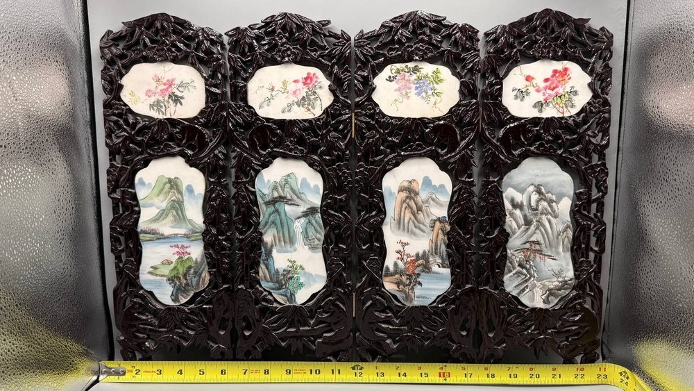 Chinese Four-Panel Folding Table Screen — Hand-Painted Dark Wood