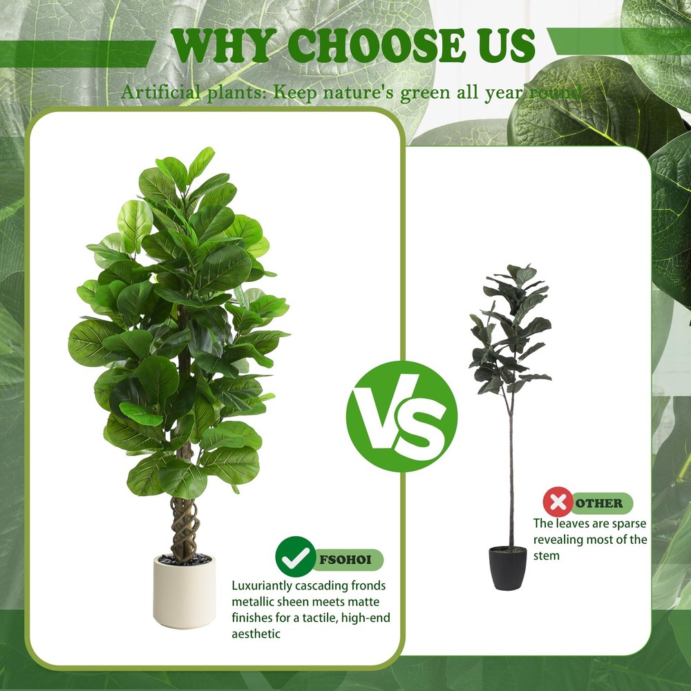 Artificial Fiddle Leaf Fig Tree 5FT, Large Fake Tree in White Pot, Artificial...