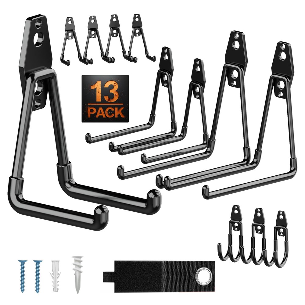 Pack 13 Garage Hooks Heavy Duty | Multi-Sized Wall-Mounted Tool Hangers with ...