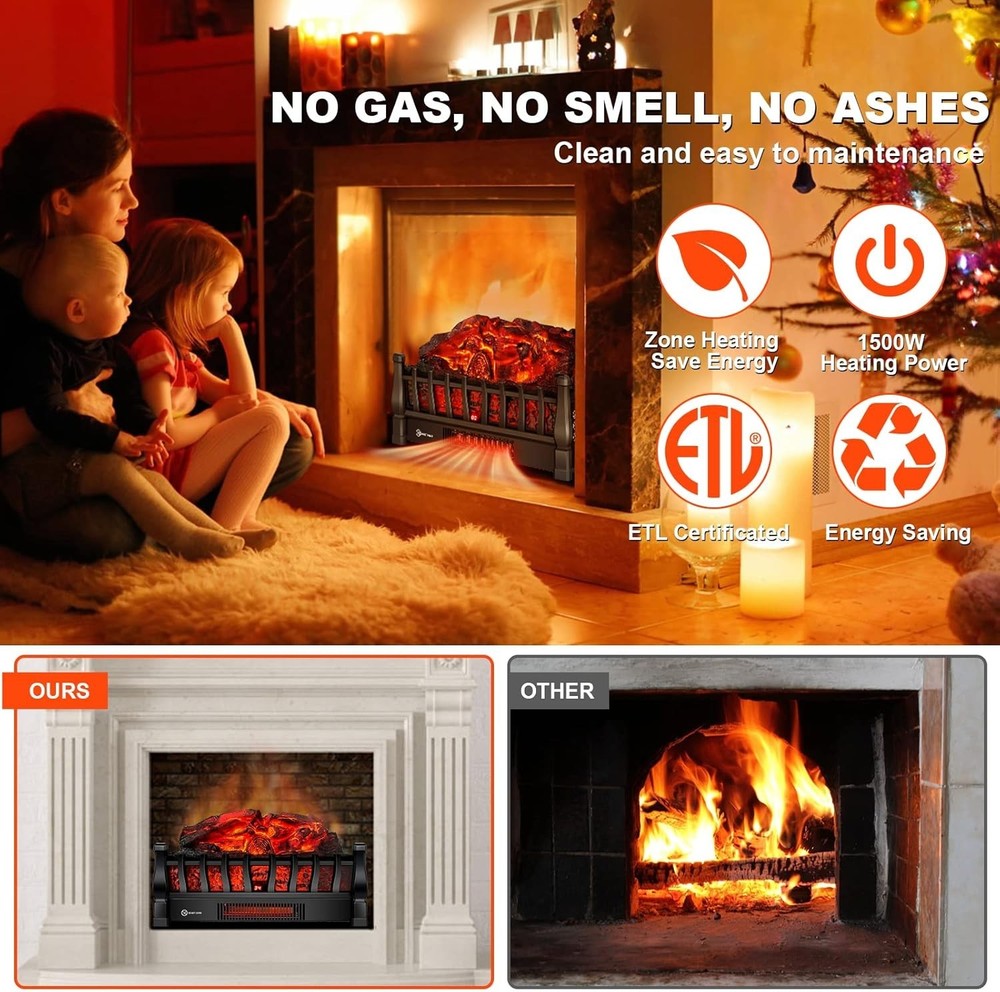 Sleek Electric Fireplace Logs - Remote Control Heating, Adjustable Flame & Timer