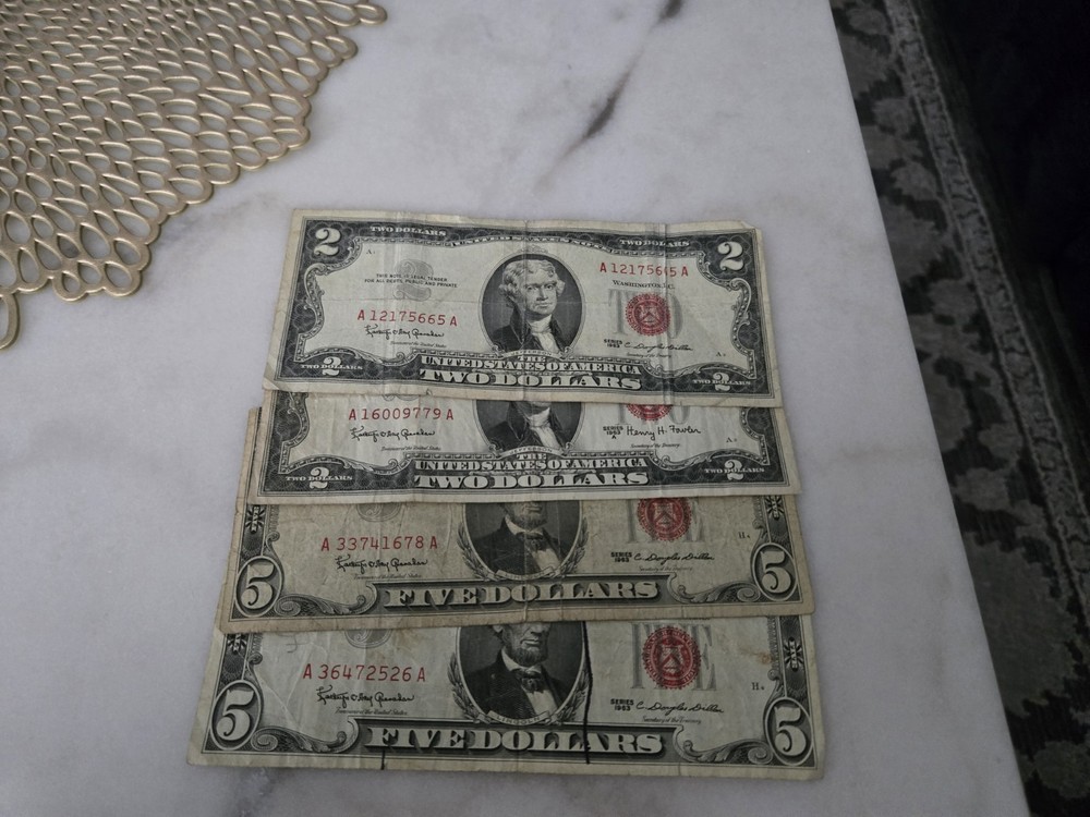 1963 2 Five Dollar & 2 Two Dollar Bills - Red Seal