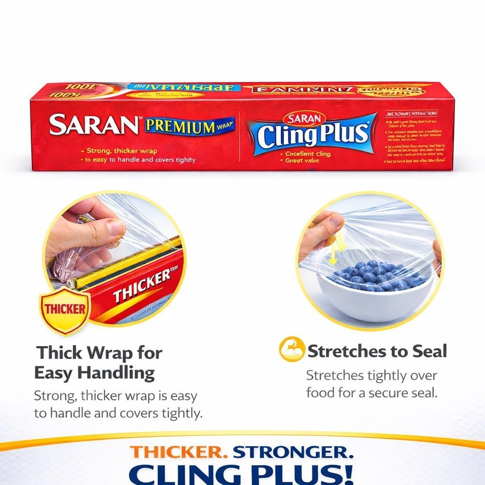 Saran Wrap Premium Plastic 100 ft (2 Pack) Thick Plastic Wrap
