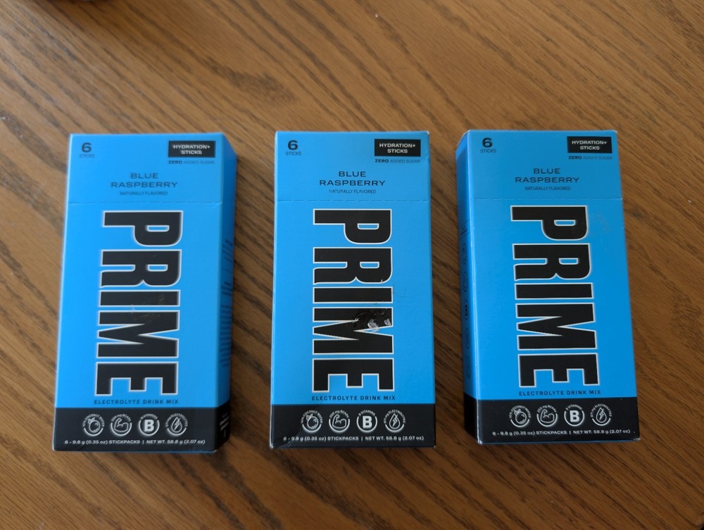 3 Boxes Prime Hydration  Drink Mix -6 Stick Packets Per Box Blue Raspberry