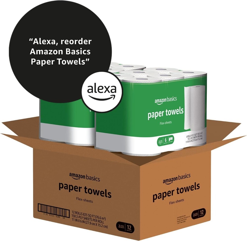 Amazon Basics 2-Ply Flex-Sheets Paper Towels, 12 Basics Rolls = 32 Regular Rolls