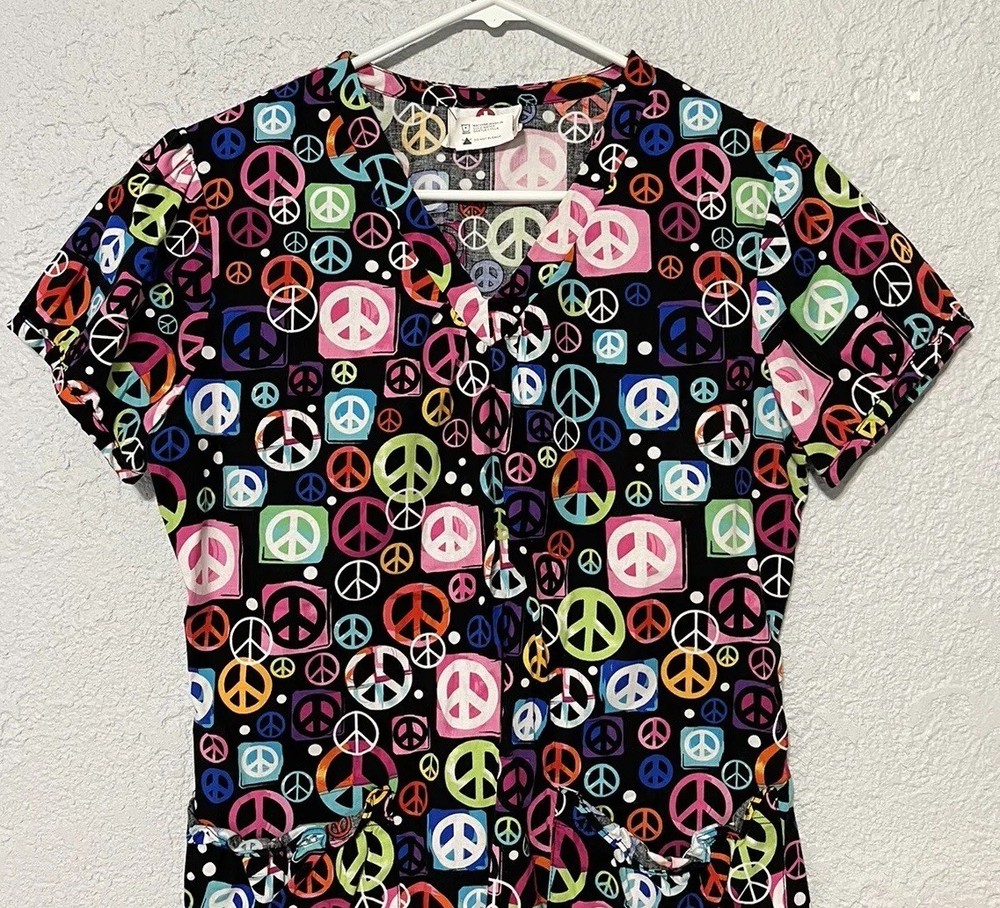 White Cross Small Scrub Top Multicolored Peace Symbol Black Cotton Pullover
